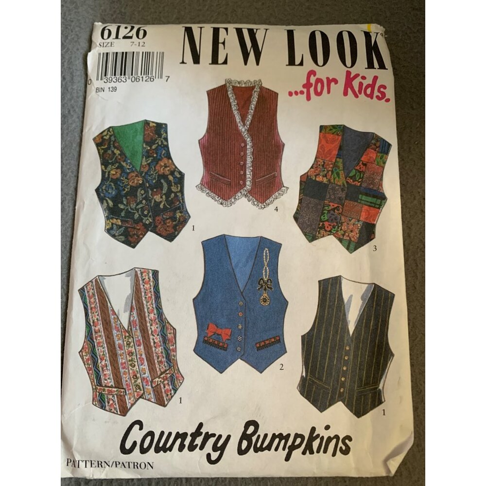 New Look 6126 Sewing Pattern Country Bumpkins Vest Kids Size 7-12